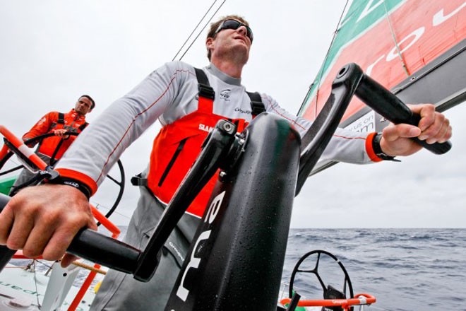 Charles Caudrelier grinding with skipper Franck Cammas helming, onboard Groupama Sailing Team during leg 4 of the Volvo Ocean Race 2011-12 © Yann Riou/Groupama Sailing Team /Volvo Ocean Race http://www.cammas-groupama.com/